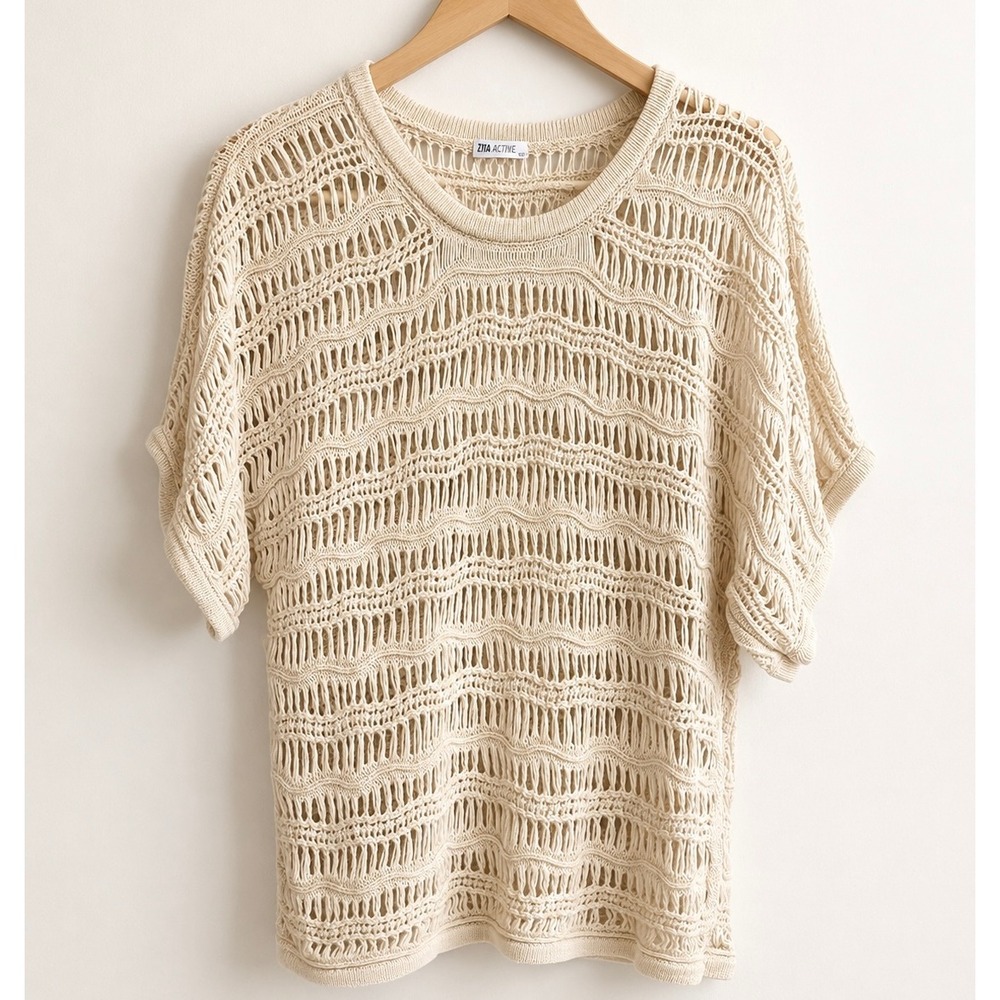 ZYIA Active Hilton Head Sweater Womens S Tan Ivory Knit Short Sleeve Oversized